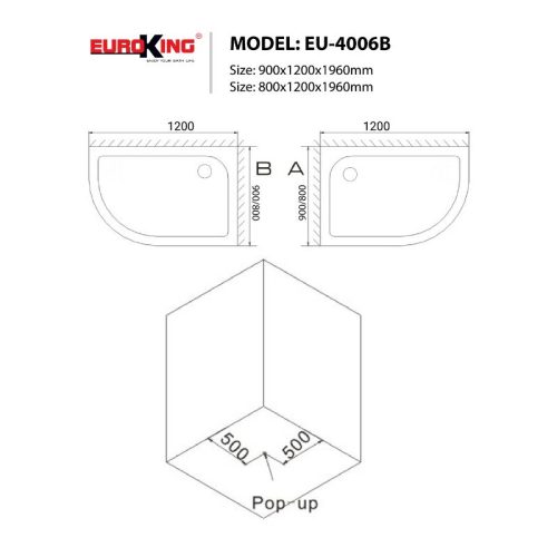 Kích thước phòng tắm vách kính EuroKing EU-4006B 800mm