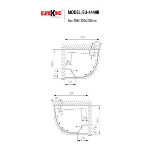 Kích thước phòng tắm vách kính Euroking EU-4449B Colour
