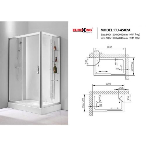 Kích thước phòng tắm vách kính Euroking EU-4507A 900mm