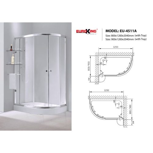 Kích thước phòng tắm vách kính Euroking EU-4511A 800mm