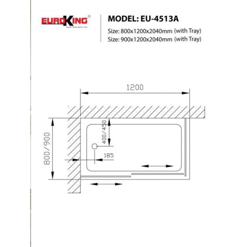 Kích thước phòng tắm vách kính EuroKing EU-4513A 800mm
