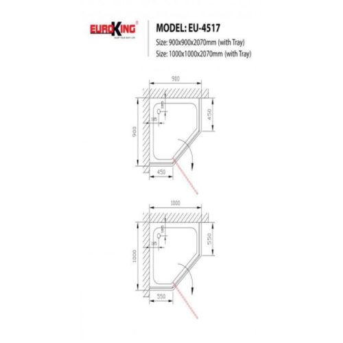 Kích thước phòng tắm vách kính EuroKing EU-4517 1000mm