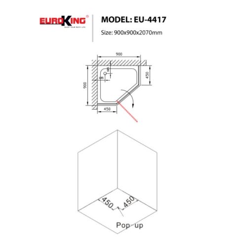 Kích thước phòng tắm vách kính EuroKing EU-4528 900mm