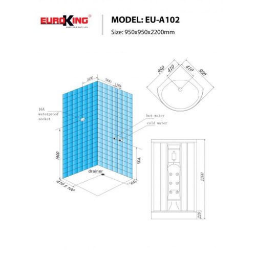 Kích thước phòng xông hơi Euroking EU-A102 Black
