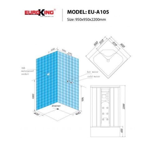 Kích thước phòng xông hơi Euroking EU-A105 White
