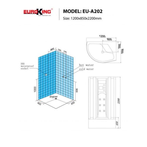 Kích thước phòng xông hơi Euroking EU-A202 Black