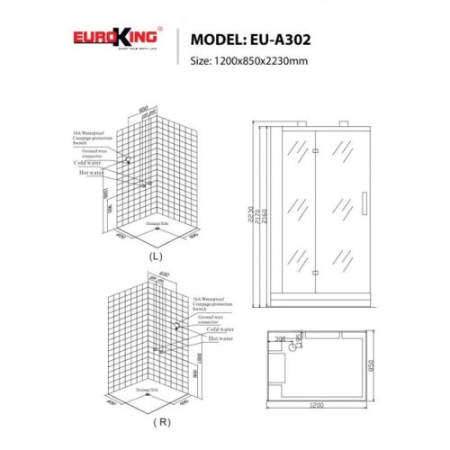 Kích thước phòng xông hơi Euroking EU-A302
