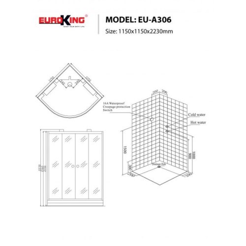 Kích thước phòng xông hơi Euroking EU-A306
