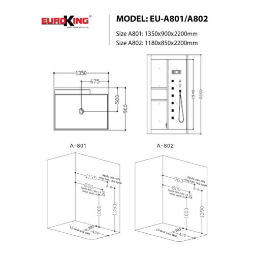 Kích thước phòng xông hơi EuroKing EU-A802