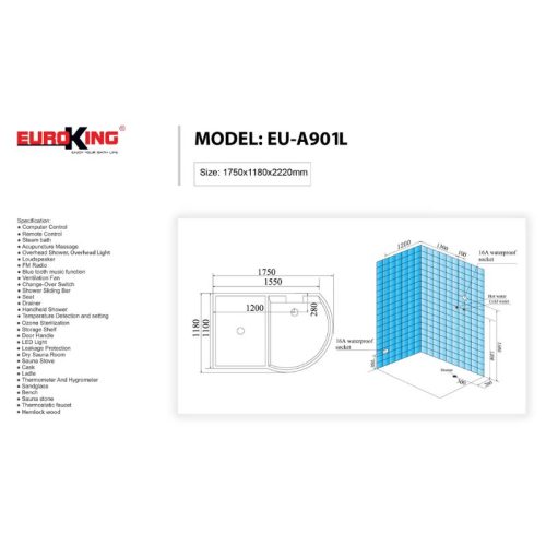 Kích thước phòng xông hơi Euroking EU-A901L Black