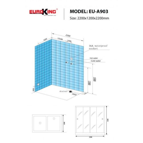 Kích thước phòng xông hơi Euroking EU-A903L Black