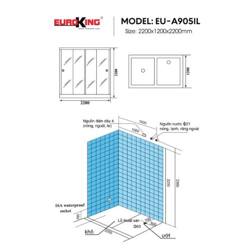Kích thước phòng xông hơi Euroking EU-A905IL