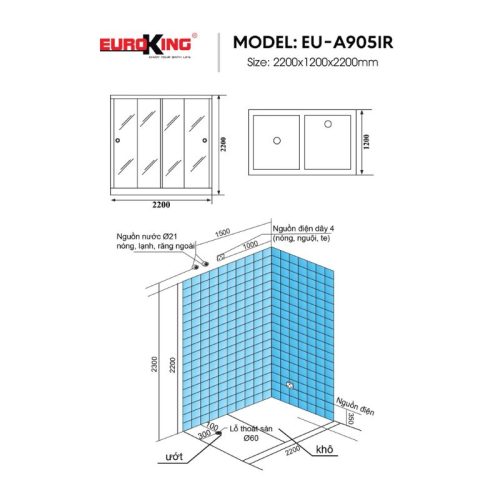 Kích thước phòng xông hơi Euroking EU-A905IR