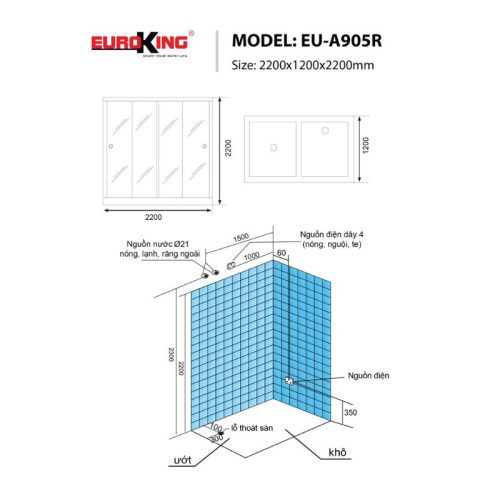 Kích thước phòng xông hơi Euroking EU-A905R