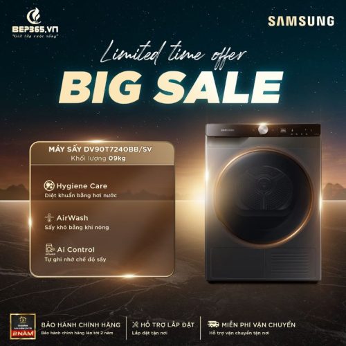 Big sale Máy Sấy Bơm Nhiệt Samsung AI Inverter 9 Kg DV90T7240BB/SV
