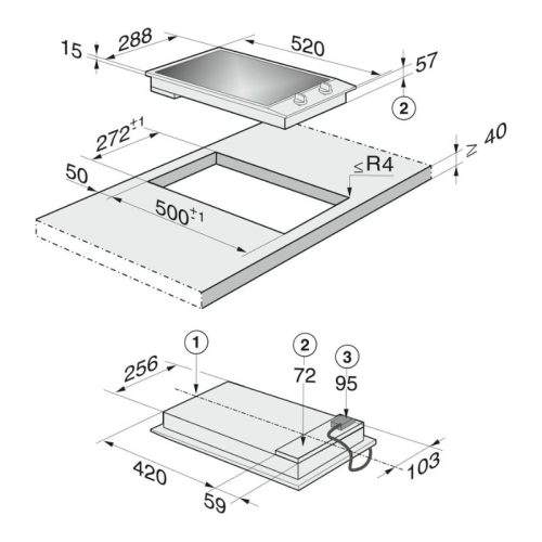 Kích thước bếp hồng ngoại Domino Miele 2 vùng nấu CS 1112 E lắp âm