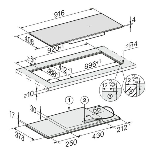 Kích thước bếp từ đa điểm Miele 4 vùng nấu KM 7684 FL lắp âm