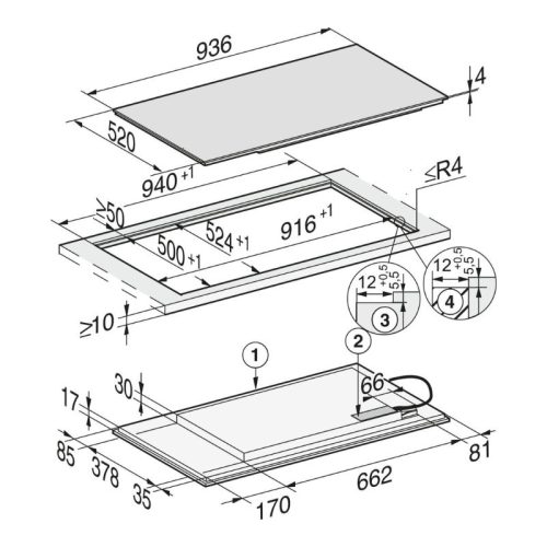 Kích thước bếp từ đa điểm Miele 5 vùng nấu KM 7594 FL lắp âm