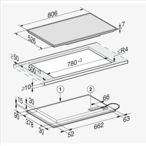 Kích thước bếp từ đa điểm Miele 6 vùng nấu KM 7575 FL lắp âm