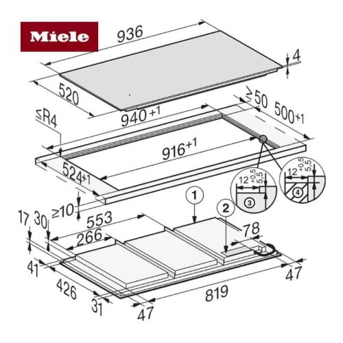Kích thước bếp từ đa điểm Miele KM 7897 FL lắp âm