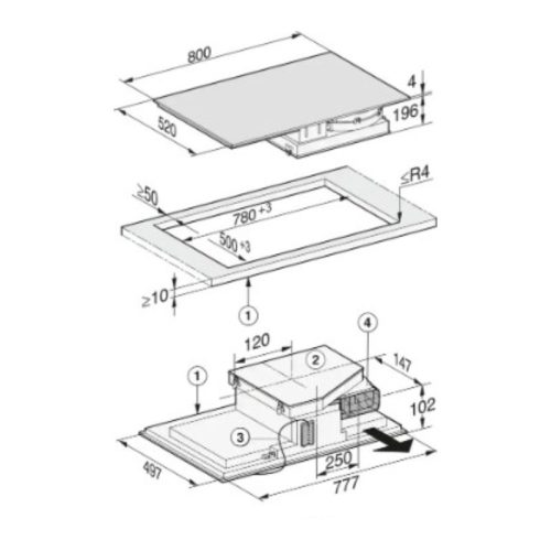 Kích thước bếp từ kết hợp hút mùi Miele 4 vùng nấu KMDA 7633 FR lắp âm