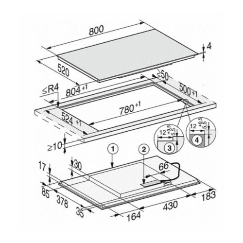 Kích thước bếp từ Miele 4 vùng nấu KM 7574 FL lắp âm
