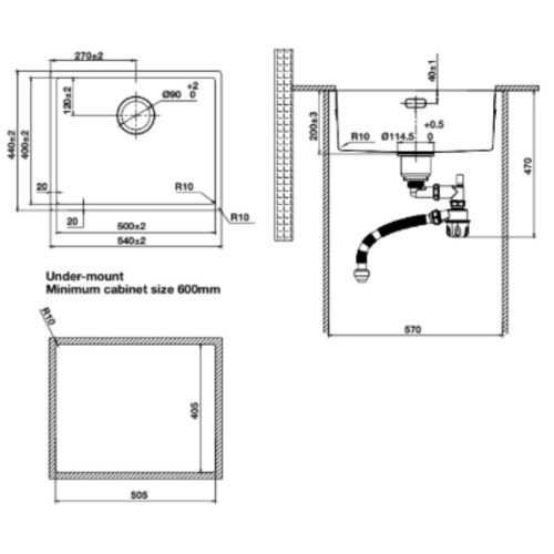 Kích thước chậu rửa bát Hafele R10 HS25-SSN1S-540 567.24.481 Đen