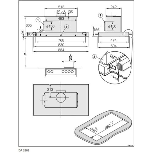 Kích thước máy hút mùi âm trần Miele DA 2808 CLST