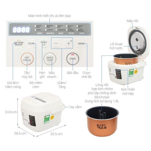 Kích thước nồi cơm điện tử Toshiba 1.8 lít RC-18DR5UVN(W)