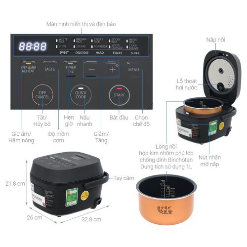 Kích thước nồi cơm điện tử Toshiba 1 lít RC-10DR5UVN(H)