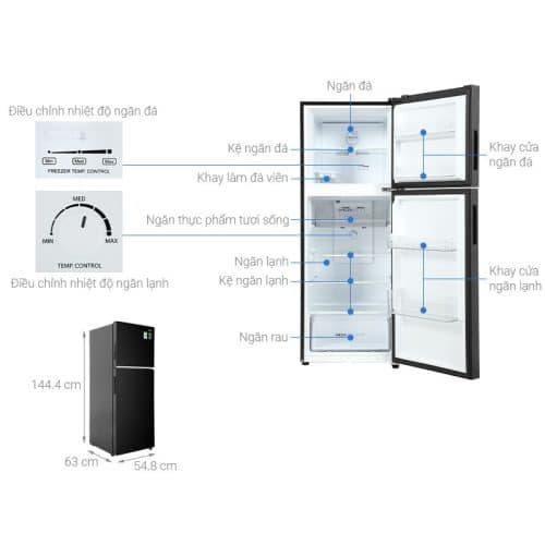 Kích thước Tủ lạnh 2 cánh ngăn đá trên Inverter 245 lít Aqua AQR-T259FA(FB)