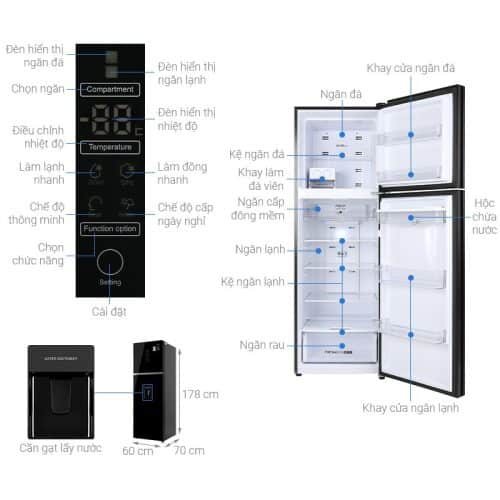 Kích Thước Tủ lạnh 2 cánh ngăn đá trên Inverter 347 lít Aqua AQR-T389FA(WGB)