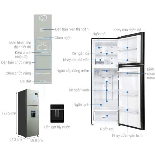 Kích Thước Tủ lạnh 2 cánh ngăn đá trên Inverter 347 lít Aqua AQR-T390FA(WGM)