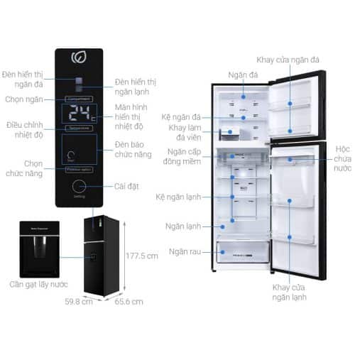 Kích Thước Tủ lạnh 2 cánh ngăn đá trên Inverter 347 lít Aqua AQR-T400FA(WFB)