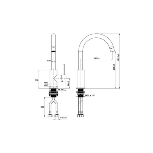 Kích thước vòi rửa bát nóng lạnh Hafele HT25-SH1F220 570.85.047 Đen mờ
