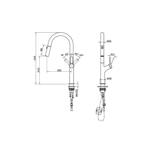 Kích thước vòi rửa bát nóng lạnh Hafele LUX-P HT25-SH1F449 570.85.044 Đen mờ