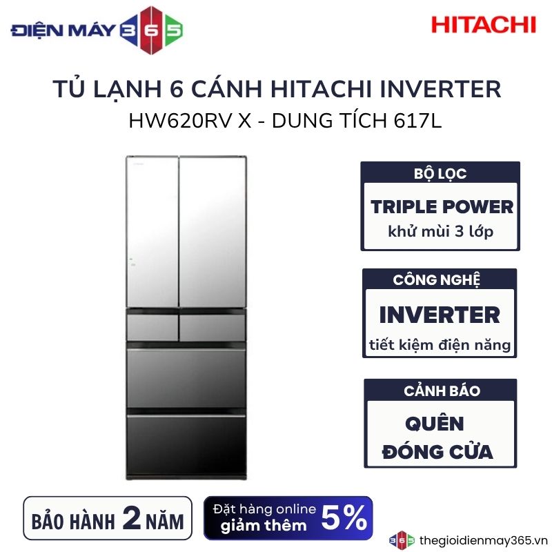 Tủ lạnh 6 cánh Multi Door Inverter 617 lít Hitachi R-HW620RV X 2 Tủ lạnh 6 cánh Multi Door Inverter 617 lít Hitachi R-HW620RV X
