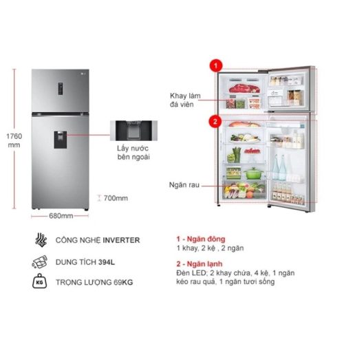 Bên trong tủ lạnh 2 cánh Inverter 394 lít LG GN-D392PSA