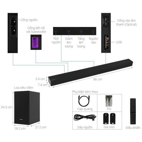 Kích thước bộ loa thanh Samsung HW-T420/XV 150W