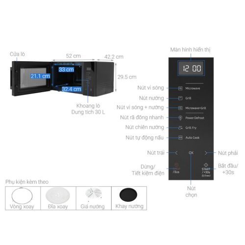 Kích Thước Lò vi sóng có nướng Samsung MG30T5018CK/SV 30 lít