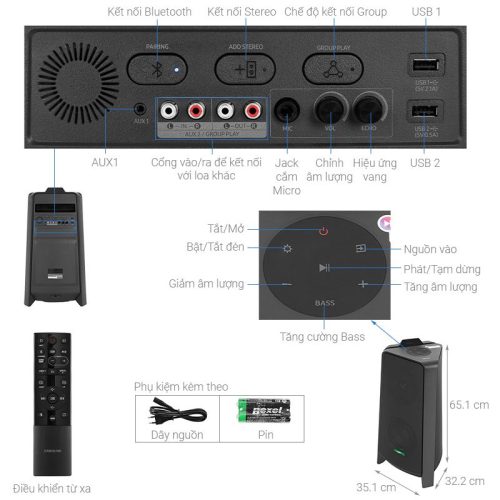 Kích thước loa tháp Samsung MX-T50/XV 500W