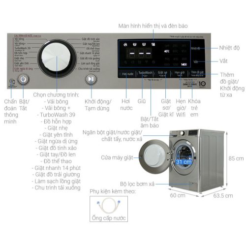 Kích thước máy giặt LG AI DD Inverter 14 kg FV1414S3P