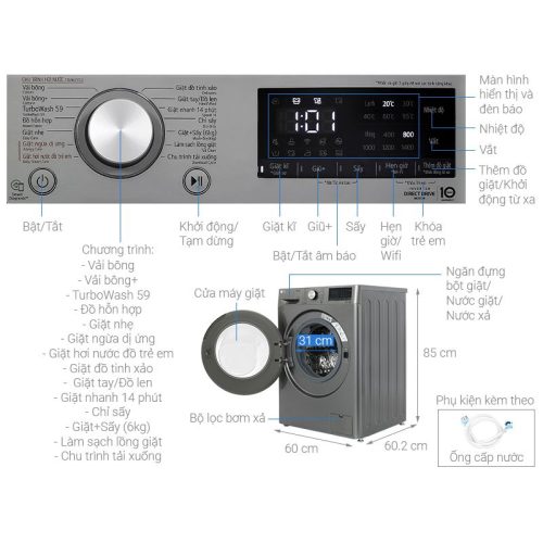 Kích thước máy giặt sấy LG Inverter giặt 10 kg - sấy 6 kg FV1410D4M1