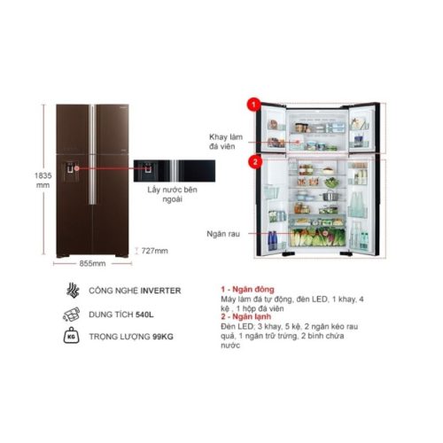 Kích thước tủ lạnh Hitachi Inverter 540 lít R-FW690PGV7X GBW