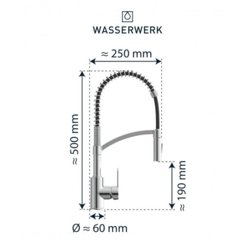 Kích thước vòi rửa bát Wasserwerk WK 3 chrome with spiral spring 700550
