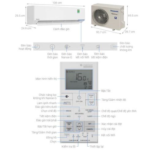 Kích thước máy lạnh Panasonic Inverter 2.5 HP CU/CS-XU24BKH-8