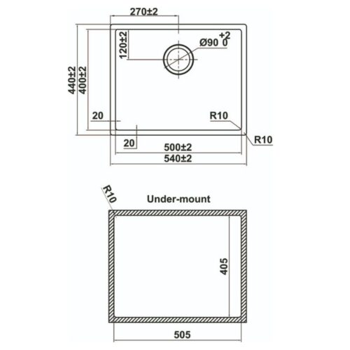 Kích thước chậu rửa bát HS24-SSN1S-540 Hafele 567.24.457