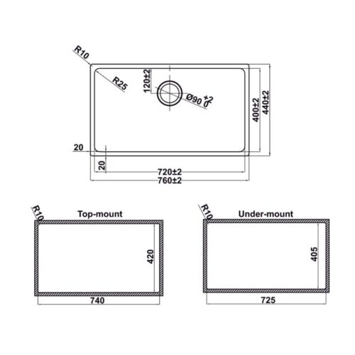 Kích thước chậu rửa bát HS24-SSN1S-760 Hafele 567.24.407
