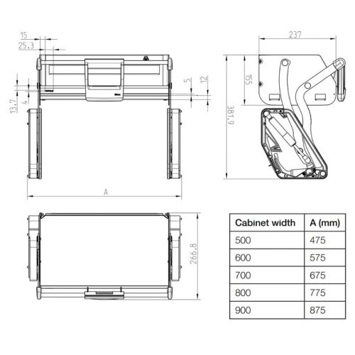 Kích thước Kệ nâng hạ Hafele 504.68.374 Imove R700mm