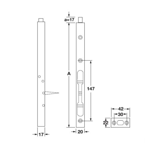 Chốt cửa âm 200mm Hafele 911.62.182 9 size chot cua hafele 911.62.182